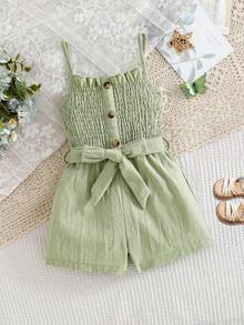 SHEIN Spring/Summer New Girls Young Casual Vacation Pure Cotton Cute Ruffled Strap Cinching Waist Bow Button Jumpsuit - Olive Green - View 1