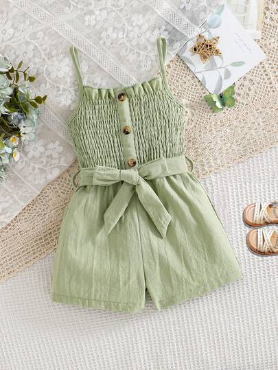 SHEIN Spring/Summer New Girls Young Casual Vacation Pure Cotton Cute Ruffled Strap Cinching Waist Bow Button Jumpsuit