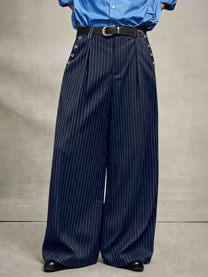 PAVTROS 男士休闲超宽松黑色长裤，饰有金属铆钉，适合秋冬街头服饰、派对服装、圣诞节装扮、圣诞礼物、INS街头风、男女皆宜、送给男朋友的礼物。男士阔腿裤、男士褶裥西装裤、男士阔腿裤、藏蓝色细条纹裤、细条纹裤、深蓝色裤装。