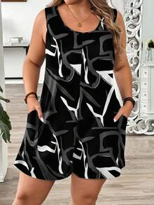 EMERY ROSE Plus Size Women Casual Minimalist All-Over Print Pocket Loose Romper - Multicolor - View 1
