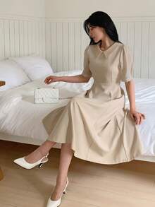 DAZY Women's Collared Fitted Waist Midi Dress, Suitable For Commuting Sundress - Khaki - View 5