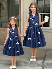 SHEIN Elladie kids 花园女孩夏季新款时尚Polo领露背吊带束腰甜美百搭度假水洗牛仔连衣裙，少女正式连衣裙 - 深色水洗藍 - 查看 10