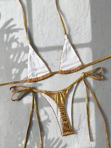 Swim SXY 2pcs/Set Atasan Bikini Segitiga Halter Motif Kulit Ular Emas & Bawahan Renang dengan Tali Samping, Set Pakaian Renang Berkilau untuk Liburan Musim Panas dan Pesta Pantai - Emas - View 2