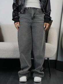 SAYEHFBABY 女式中腰宽松直筒休闲牛仔裤 - 淺色水洗藍 - 查看 3