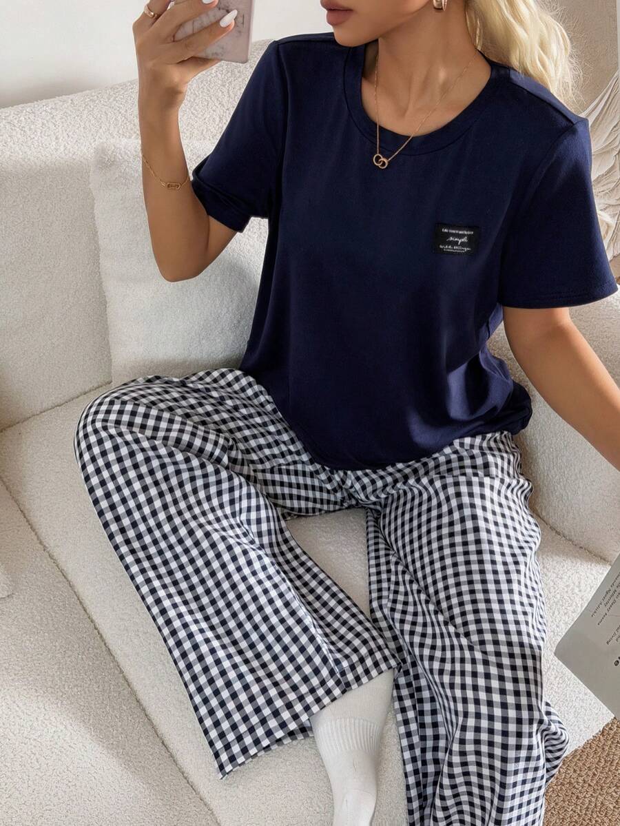 SHEIN 女士休闲纯色短袖圆领上衣和格子裤睡衣套装 - 彩色 - 查看 1