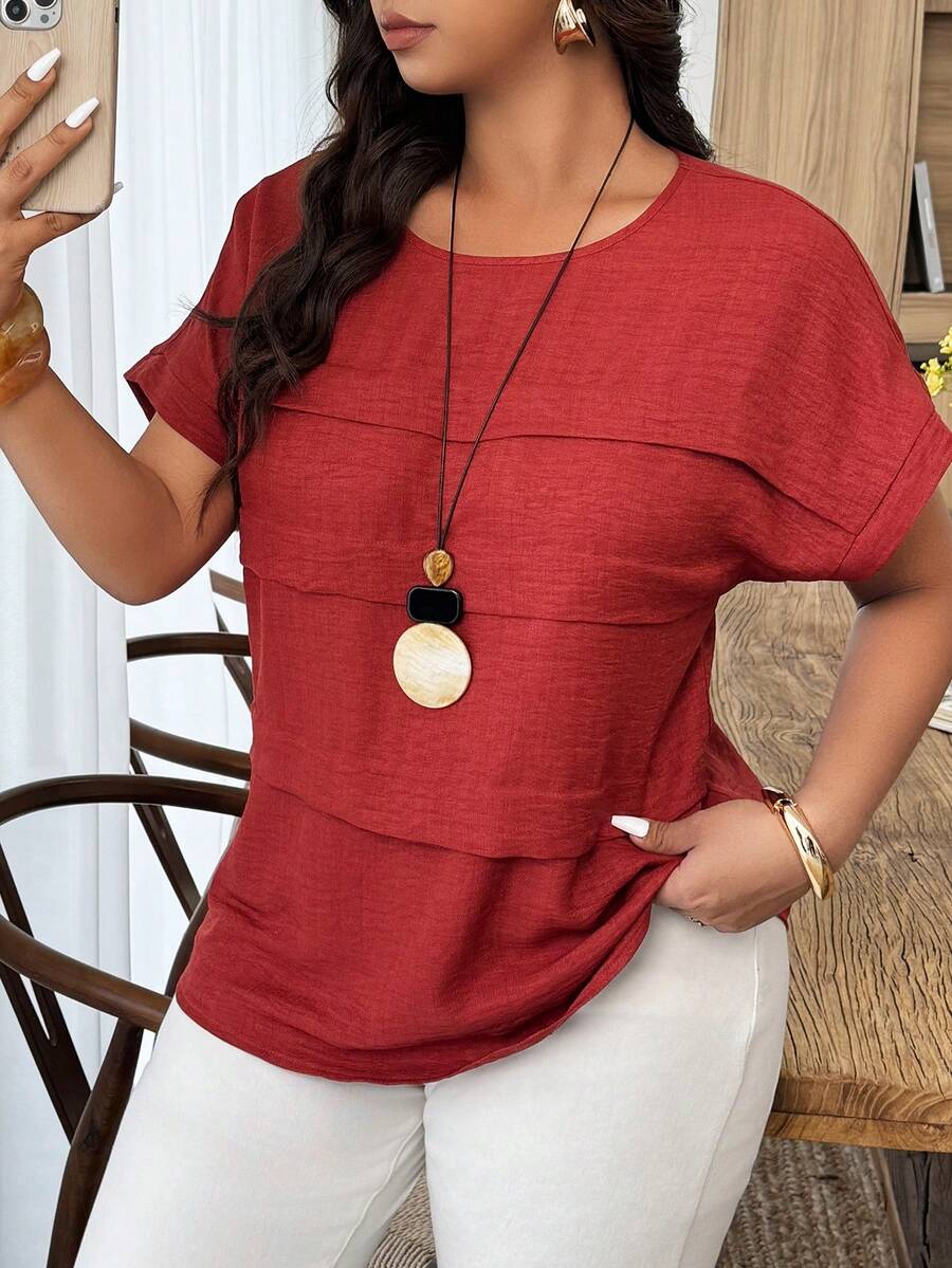 Weeklong Plus Size Women's Casual Pleated Round Neck Loose Dolman Sleeve Blouse, Suitable For Daily Wear And Vacation - Red - View 1