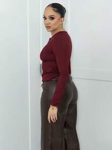 Melissa Matos 半扣罗纹针织 T 恤，秋季服装长袖女式上衣 - 酒紅色 - 查看 6