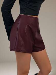 SHEIN Tall Pantaloni scurți pentru femei, vintage, vișiniu, sexy, din piele PU, mini pantaloni scurți pentru petrecere, Halloween, Crăciun, Ziua Recunoștinței, birou, pantaloni scurți eleganți - Burgundia - Vizualizare 5