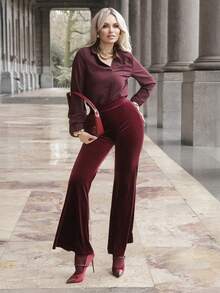 Elenary Edit Solid Notched Neck Shirt,Long Sleeve Tops Fall Cloth For Women - Burgundy - View 1