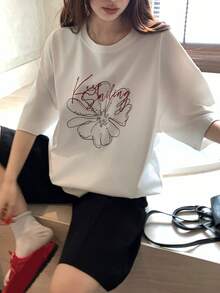 DAZY 女士甜美线条花卉印花短袖T恤，宽松版型，百搭白色纯棉休闲上衣，印花T恤，女款加大码 - 白色 - 查看 7