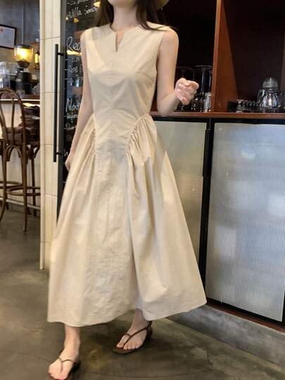 DAZY Women's Unique V-Neck Sleeveless Midi Dress, Elegant Korean Style