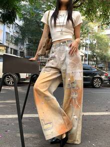 DAZY 女士宽松印花休闲牛仔裤，韩版街头风 - 藍色 - 查看 4