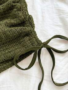 Soleia 女士复古度假风V领露背系带修身撞色上衣搭配低腰褶皱抽绳短裤两件套，适合派对、圣诞节、约会、夜店、海滩、邮轮、下午茶、波西米亚风、度假、秋季等场合。 - 綠色 - 查看 6