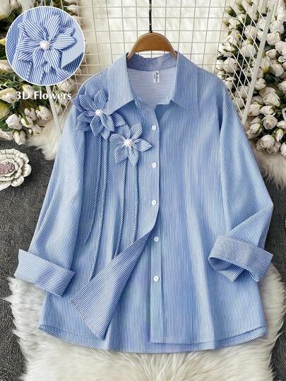 GlowEve CURVE Plus Size Women Casual Loose Striped Lapel 3D Floral Decor Button Down Long Sleeve Shirt, Versatile For Commuting Baby Blue Shirt Shirts For Women Elegant
