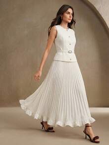 Anewsta Vestido de mujer de primavera con un solo botón de perla, sin mangas, con cintura fruncida y plisada - Albaricoque - Ver 6