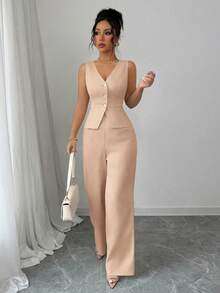 Elenzga Bộ vest và quần không tay thanh lịch dành cho nữ, kiểu dáng công sở/đi làm, mùa hè. - Màu Khaki - Xem 3