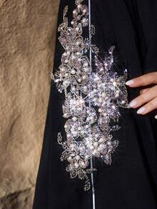 Al Najma Plus Size Casual Solid Color Pearl Applique Long Sleeve Cardigan, Regular Fit, Spring/Autumn - Black - View 6