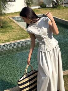 Livesso 白色无袖高领露脐上衣和休闲半裙两件套，适合办公室、通勤、度假、派对、夏季穿着。 - 白色 - 查看 7