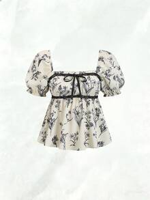 SHEIN Franclia Blusa feminina casual de verão com mangas curtas, estilo INS, perfeita para férias. Blusa feminina fofa e floral para o verão. - Damasco - Ver 8