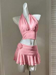 SHEIN EZwear Bộ đồ hè cho nữ gồm áo hai dây ngắn xếp ly và chân váy mini, màu hồng, thích hợp cho kỳ nghỉ ở đảo. - Hồng - Xem 3