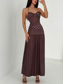 Aloruh 女士复古波点露背系带长连衣裙，裙摆呈喇叭形 - 棕色 - 查看 3