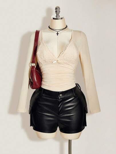 SHEIN ICON Women's Plus Size Sexy Casual Vintage Lace Patchwork Y2K Style Black Fitted Long Sleeve T-Shirt