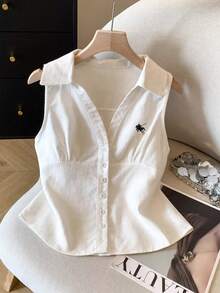 SHEIN Franclia Women's Casual Polo Embroidery Collar Sleeveless White Shirt, Spring/Summer - White - View 3
