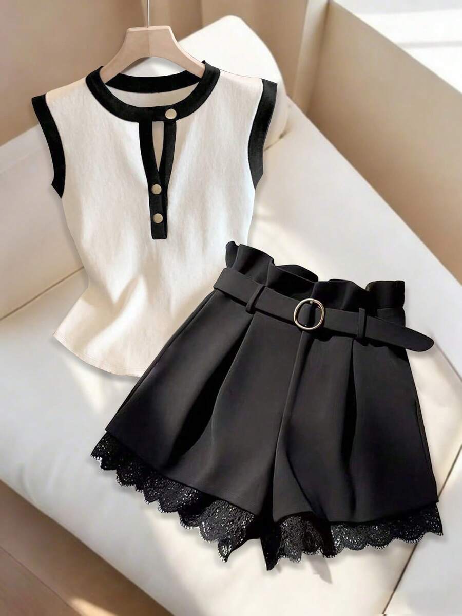 SHEIN Franclia 女士撞色无袖背心+高腰蕾丝短裤套装，优雅两件套，春夏款 - 彩色 - 查看 1
