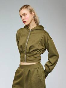 COUREZ 修身连帽衫，束腰设计，外露缝线细节 / Y2K 女式卫衣 女式冬季服装 女式连帽衫 女式夏季运动套装 - 軍綠色 - 查看 5