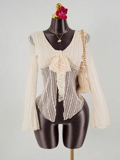 SaltGleam SaltGleam Áo kiểu nữ cổ chữ V tay loe buộc dây chất liệu ren, kiểu dáng thường ngày.