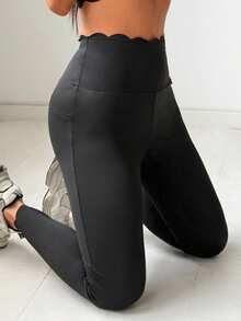 SHEIN EZwear 女士黑色针织高腰紧身贝壳边打底裤 - 摩卡棕 - 查看 6