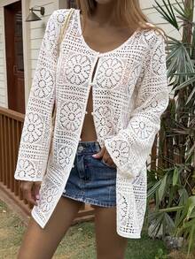 Livesso 白色薄纱蕾丝长款开衫，设计感十足，适合休闲度假、海滩、音乐节、婚礼等场合，女士长袖衬衫，春夏款 - 白色 - 查看 2