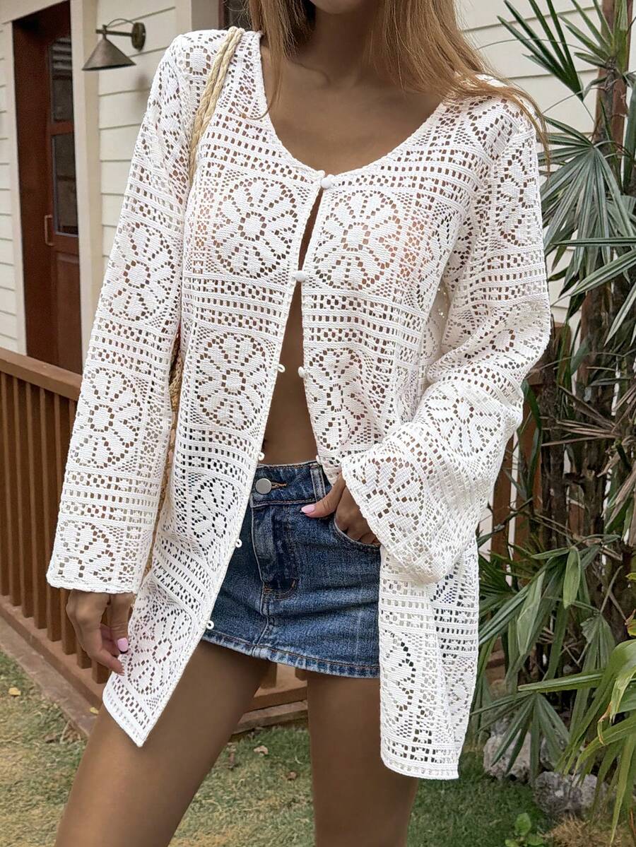 Livesso Textured Lace Sheer See-Through White Long Cardigan, Design Sense Casual Vacation Beach Music Festival Wedding Wear, Long Sleeve Blouse For Women, Spring/Summer - White - View 1