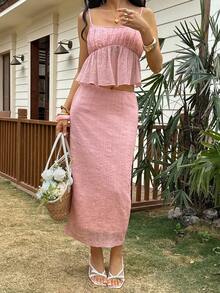 Livesso Spring & Summer Textured Pink Camisole Top And Bodycon Skirt Set, Ruffled Hem, Elegant For Valentine's Day, Wedding, Casual, Beach, Commute - Pink - View 6