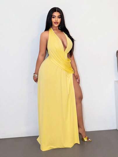 Maweii 大码性感露肩露背蝴蝶结连衣裙