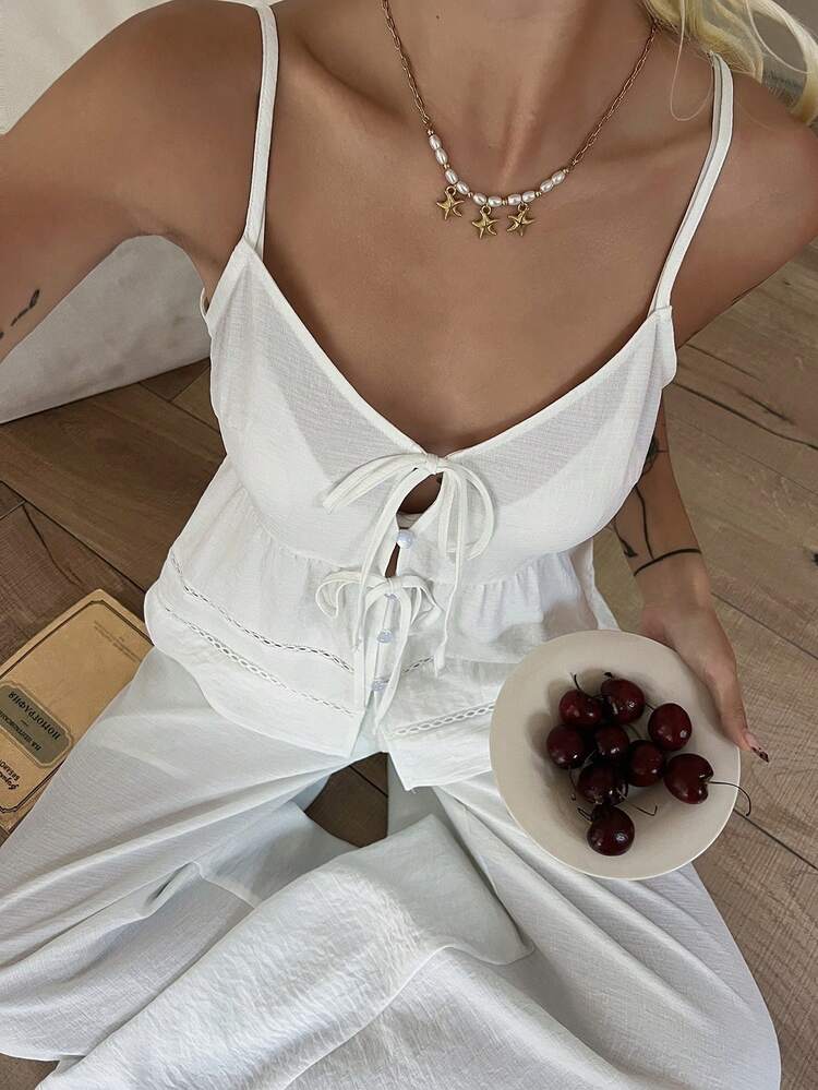 Women's Solid Color Front Tie Camisole And Wide Leg Pants Casual 2 Pieces Set