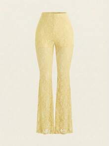 Opulessa 女士度假针织蕾丝高腰喇叭裤 - 淡黃色 - 查看 6