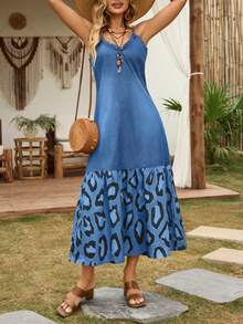 EMERY ROSE Women's Vacation Frill Trim Leopard Print Patchwork Casual Denim Slip Dress - Medium Wash - View 3