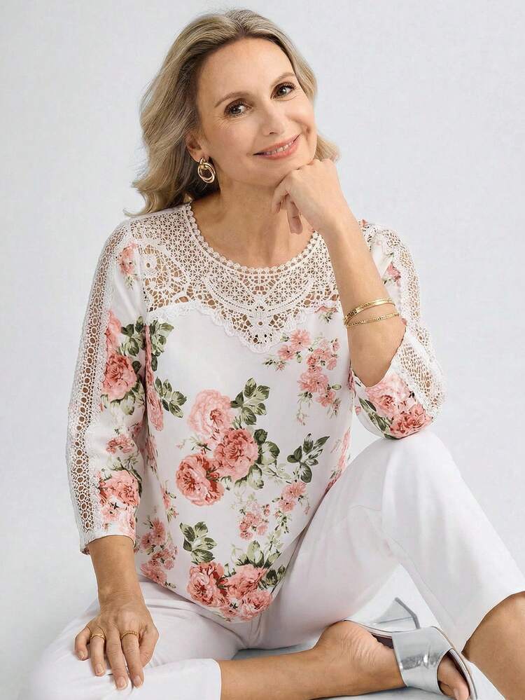 White Pink Floral Print Lace Trim 3/4 Sleeve Blouse Elegant Casual Outfit White Top Pink Top Floral Top Flower Print Lace Blouse Casual Blouses For Women Elegant Blouses For Women Summer Tops For Women,Summer Outfits For Women