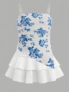 Girlism Tween Girls Floral Print Ruched Hem Cropped Cami Top With Sheer Straps & Layered Cute Mini Skirt 2 Pieces Set - Blue and White - View 1