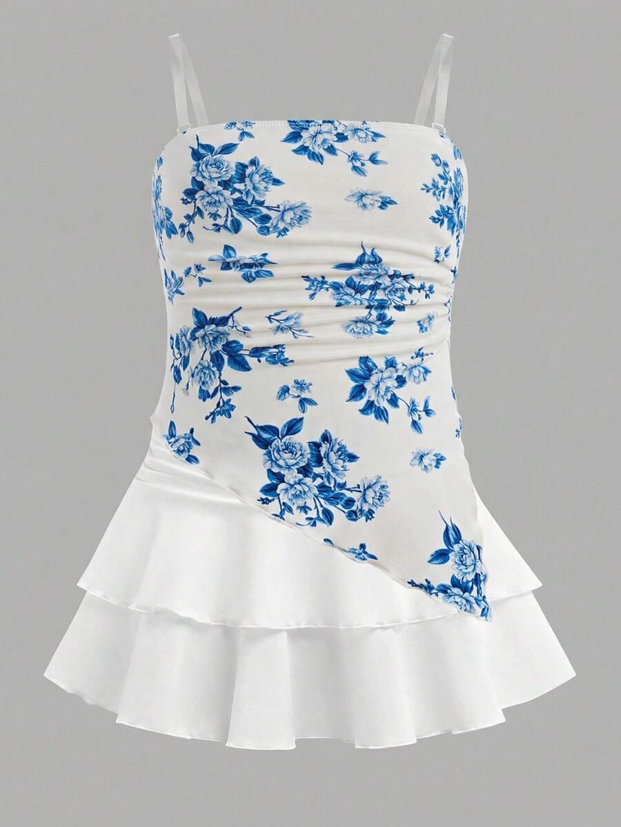 Girlism Tween Girls Floral Print Ruched Hem Cropped Cami Top With Sheer Straps & Layered Cute Mini Skirt 2 Pieces Set - Blue and White - View 1