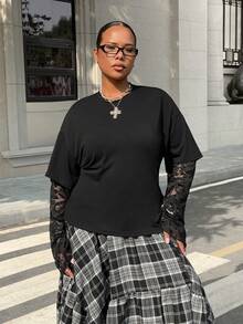 SHEIN EZwear Áo thun dài tay cổ tròn phối ren tương phản dành cho nữ cỡ lớn mùa xuân hè 2026, thích hợp đi chơi, đi học, phong cách đường phố, Y2K. - màu đen - Xem 1