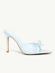 CUCCOO CHICEST Giày nữ màu xanh dương phối lưới satin, kiểu dáng mùa xuân hè, có điểm nhấn nơ, giày cao gót mũi nhọn gợi cảm. - Màu xanh - Xem 4
