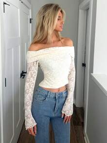 Sydney Algeri 女士露肩长袖简约 T 恤，休闲日常穿着 - 白色 - 查看 6