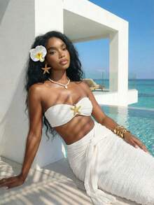 Slaydiva 夏季时尚基础款，百搭休闲又不失优雅，适合度假、旅行、海滩、海边、泳池、游艇、日光浴等场合，甜美可爱，休闲又不失优雅，蕾丝提花针织面料，金属装饰，露脐无肩带上衣搭配系腰长裙，女士两件套 - E - 白色 - 查看 8