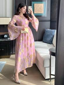 DAZY Women's Round Neck Semi-Sheer Long Sleeve Cinched Waist Dress - Pink - View 1