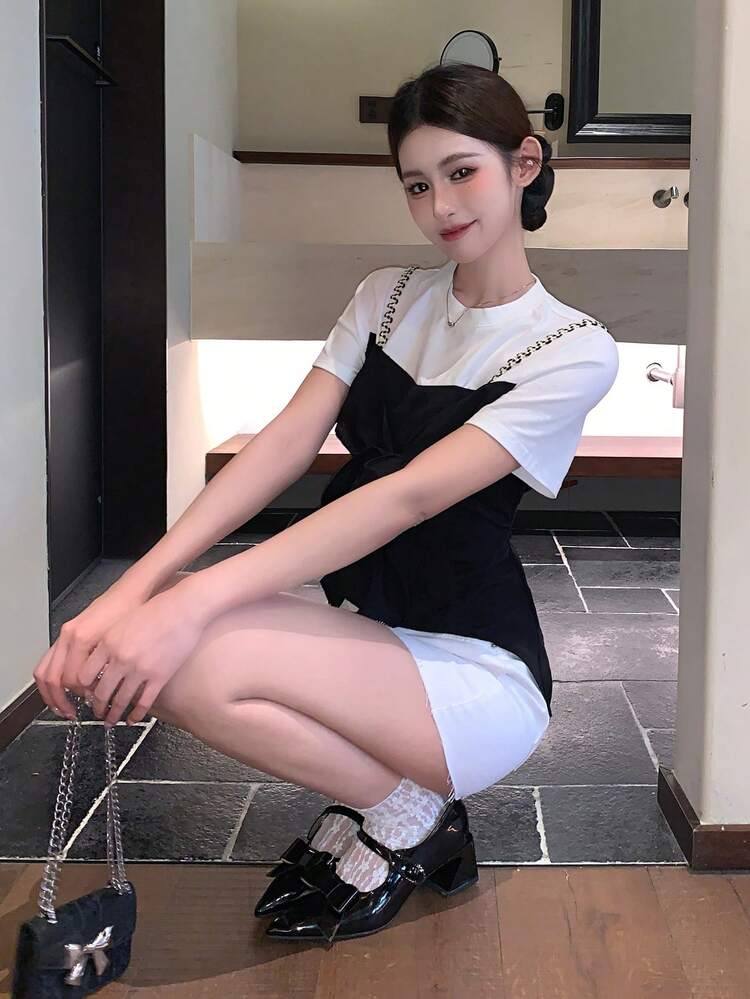 Women's Fashionable Rejuvenating Contrast Color Short Sleeve T-Shirt