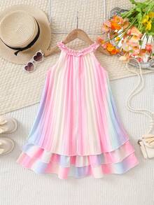 SHEIN Glamorique Kids 女童無袖彩虹條紋分層短洋裝，馬卡龍粉色夏季仙女生日套裝，圓領漸層壓褶洋裝 - 彩色 - 查看 3