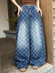 DAZY 女士菱形图案腰带环休闲直筒宽松百搭牛仔裤 - 藍色 - 查看 4