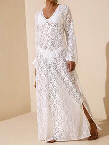 Vesra 女士时尚V领蕾丝开衩长袖连衣裙，半透明 - 白色 - 查看 3